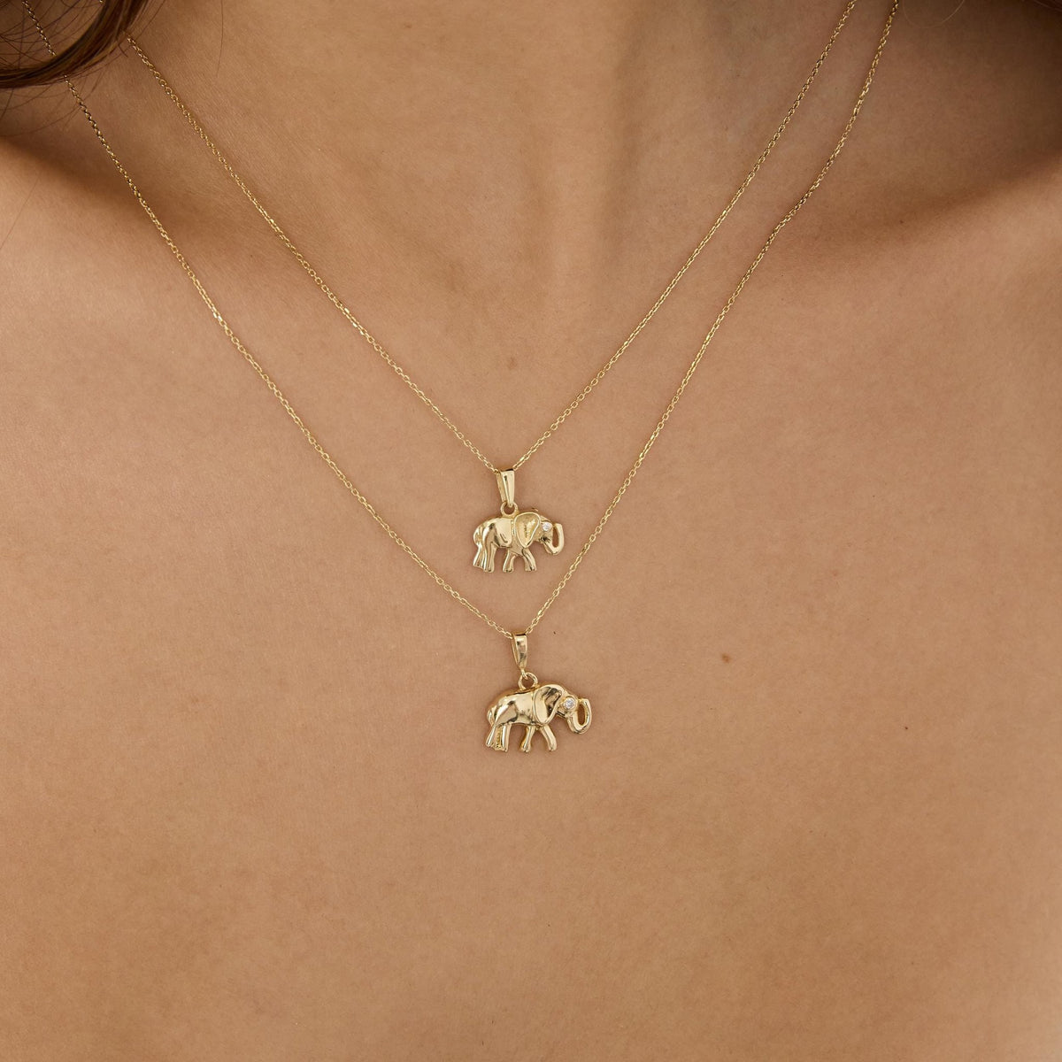 14K gold elephant necklace, styled view
