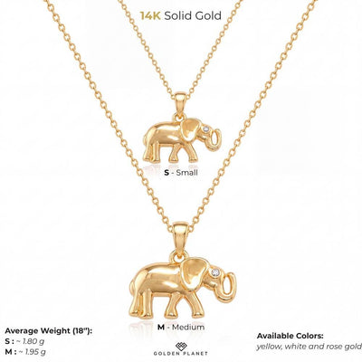 14K gold elephant necklace, size and weight guide