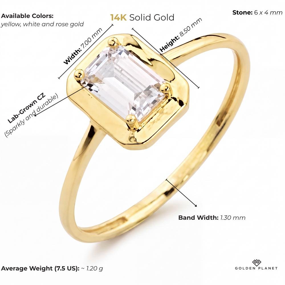 14K gold emerald-cut cz solitaire with cubic zirconia size and weight guide, size and weight guide