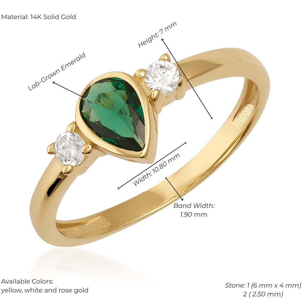 14K Solid Gold Pear-Cut Emerald Vintage Ring with Side Zircon Accents – Lab-Created Gemstone Ring, Engagement, Statement & Stackable Jewelry