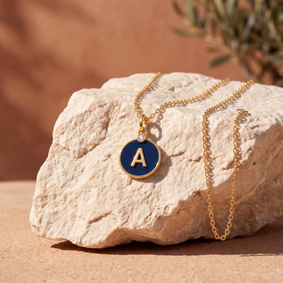 14K gold enamel initial necklace, styled view
