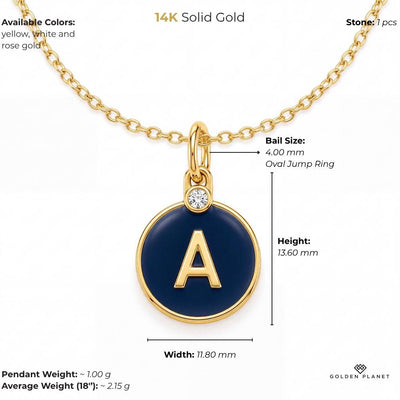 14K gold enamel initial necklace, size and weight guide
