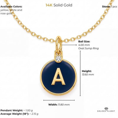 14K gold enamel initial size and weight guide, size and weight guide