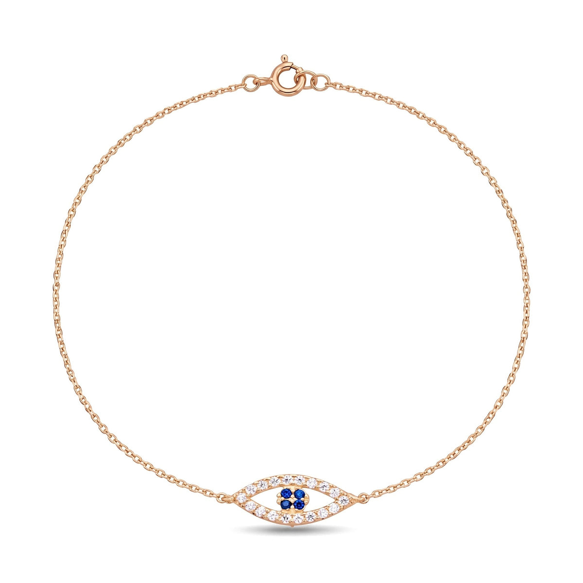 14K rose gold evil eye bracelet, clear stone eye outline with blue stone centre on a fine chain
