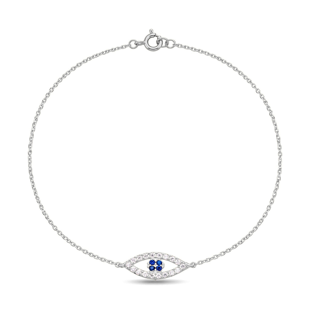 14K white gold evil eye bracelet, clear stone eye outline with blue stone centre on a fine chain