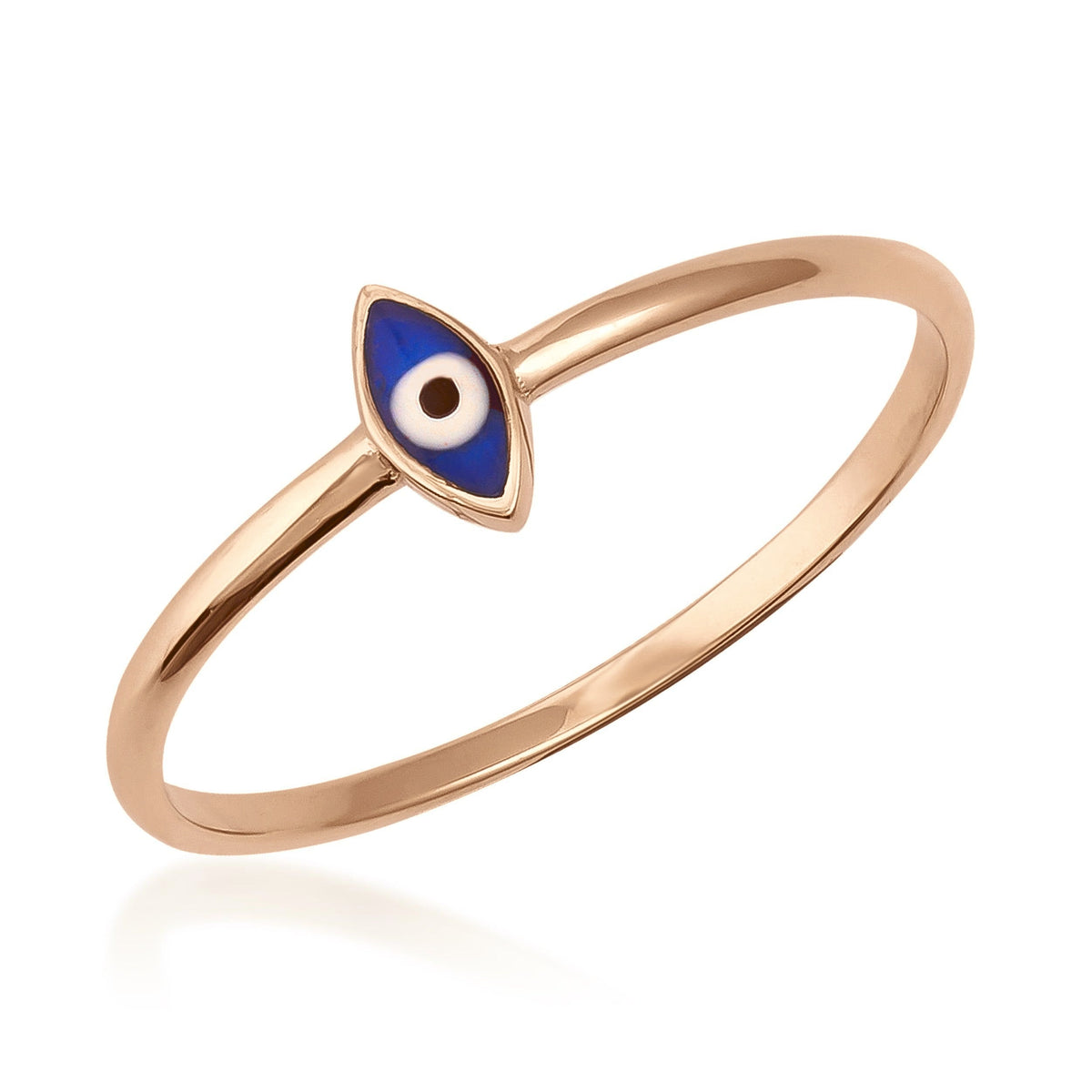 14K gold ring with blue evil eye enamel charm on white background