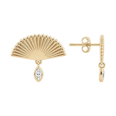 14K yellow gold fan drop stud earrings with marquise cubic zirconia, front and side view with butterfly back