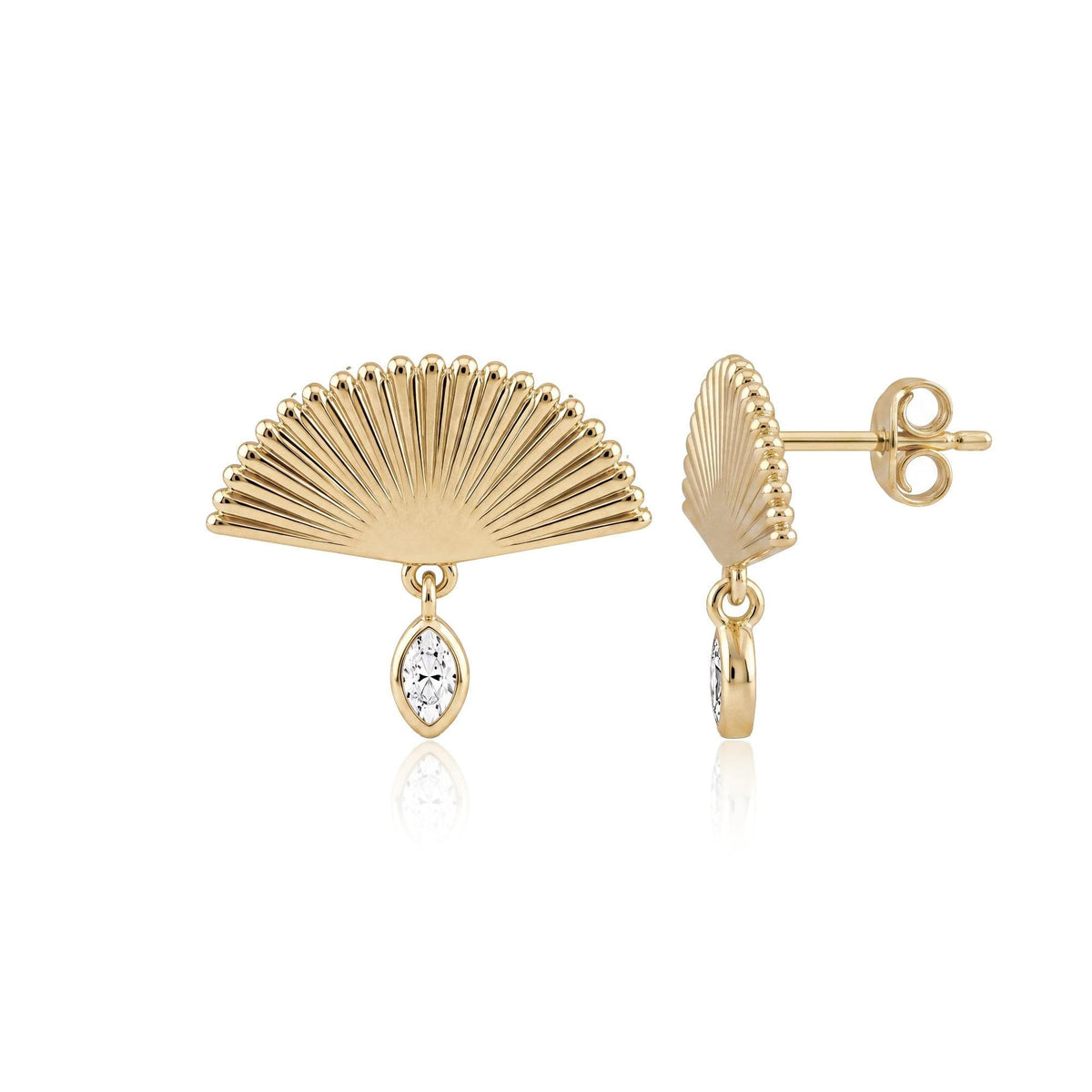 14K yellow gold fan drop stud earrings with marquise cubic zirconia, front and side view with post, white background