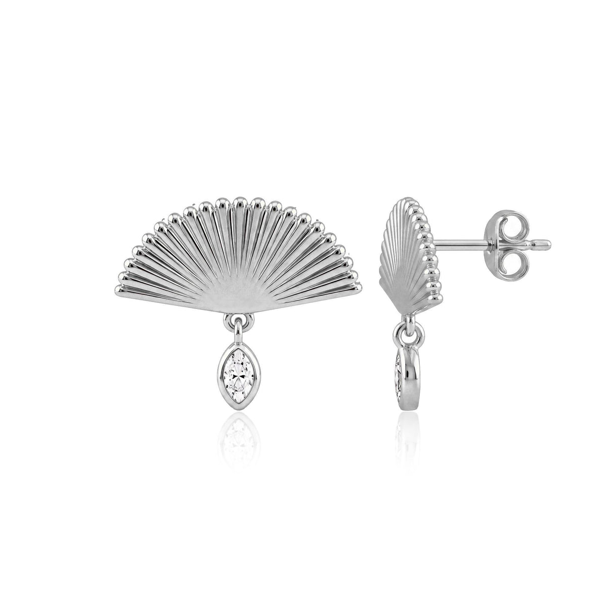 14K white gold fan drop stud earrings with marquise cubic zirconia, front and side view on white