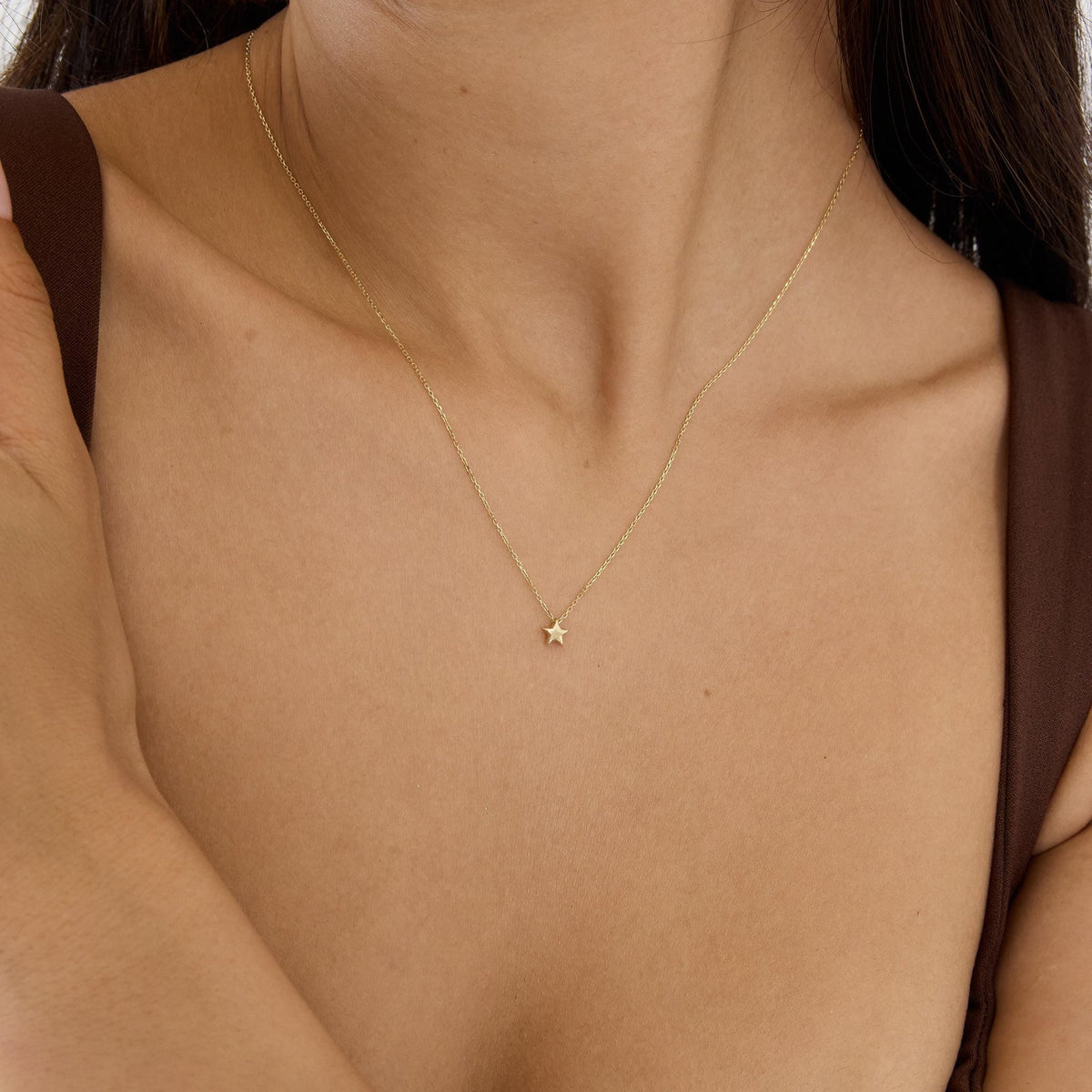 14K gold five point star pendant necklace, styled view