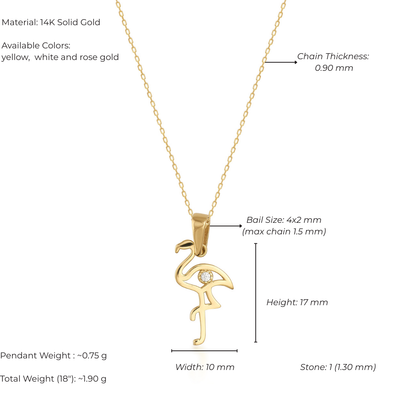 Gold flamingo pendant necklace with measurements and material details on a white background