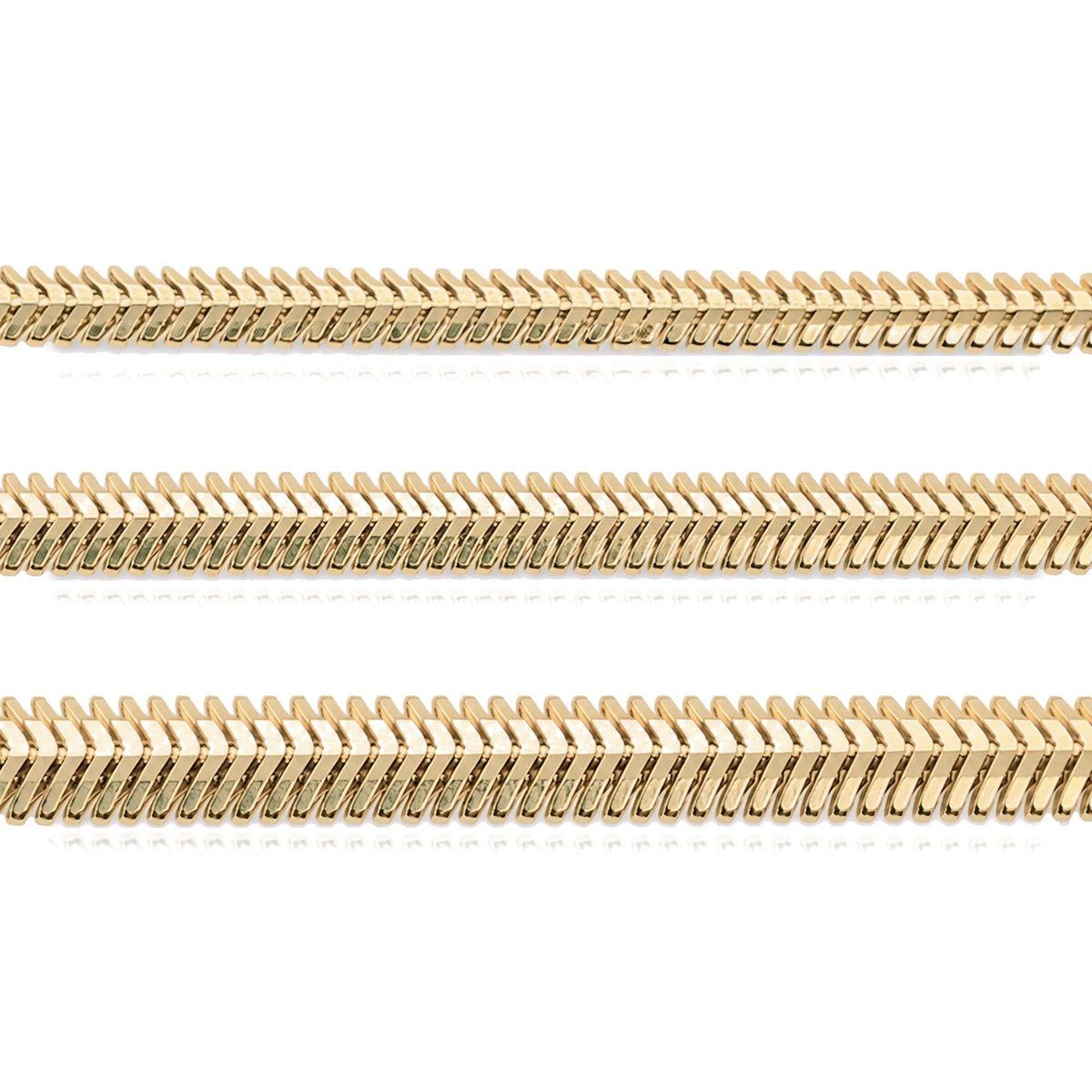 14K yellow gold flat snake chain necklace on white