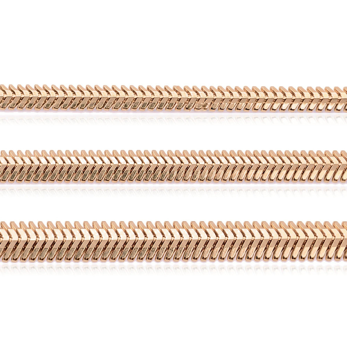 14K rose gold flat snake chain necklace on white