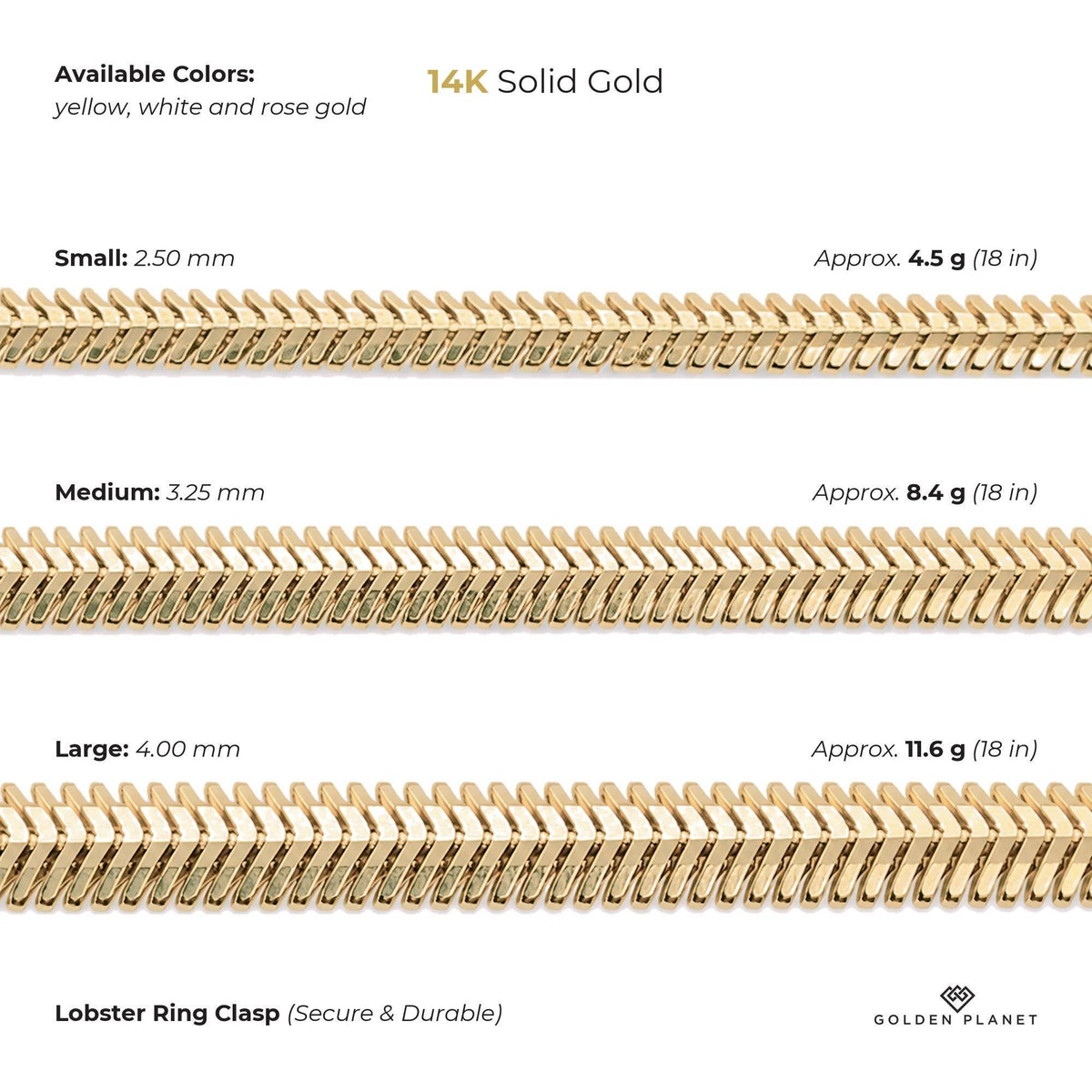 Size chart for the 14K gold flat snake chain necklace showing available colors, chain length, small width, medium width