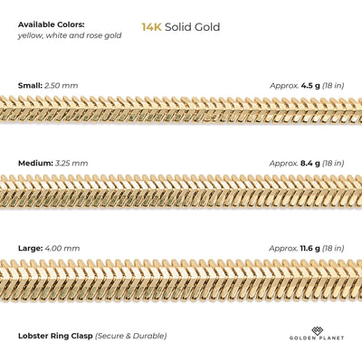 Size chart for the 14K gold flat snake chain necklace showing available colors, chain length, small width, medium width