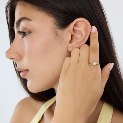 14K gold floral halo ring, styled view