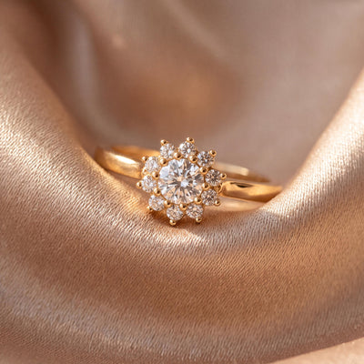 14K gold floral halo ring, styled view
