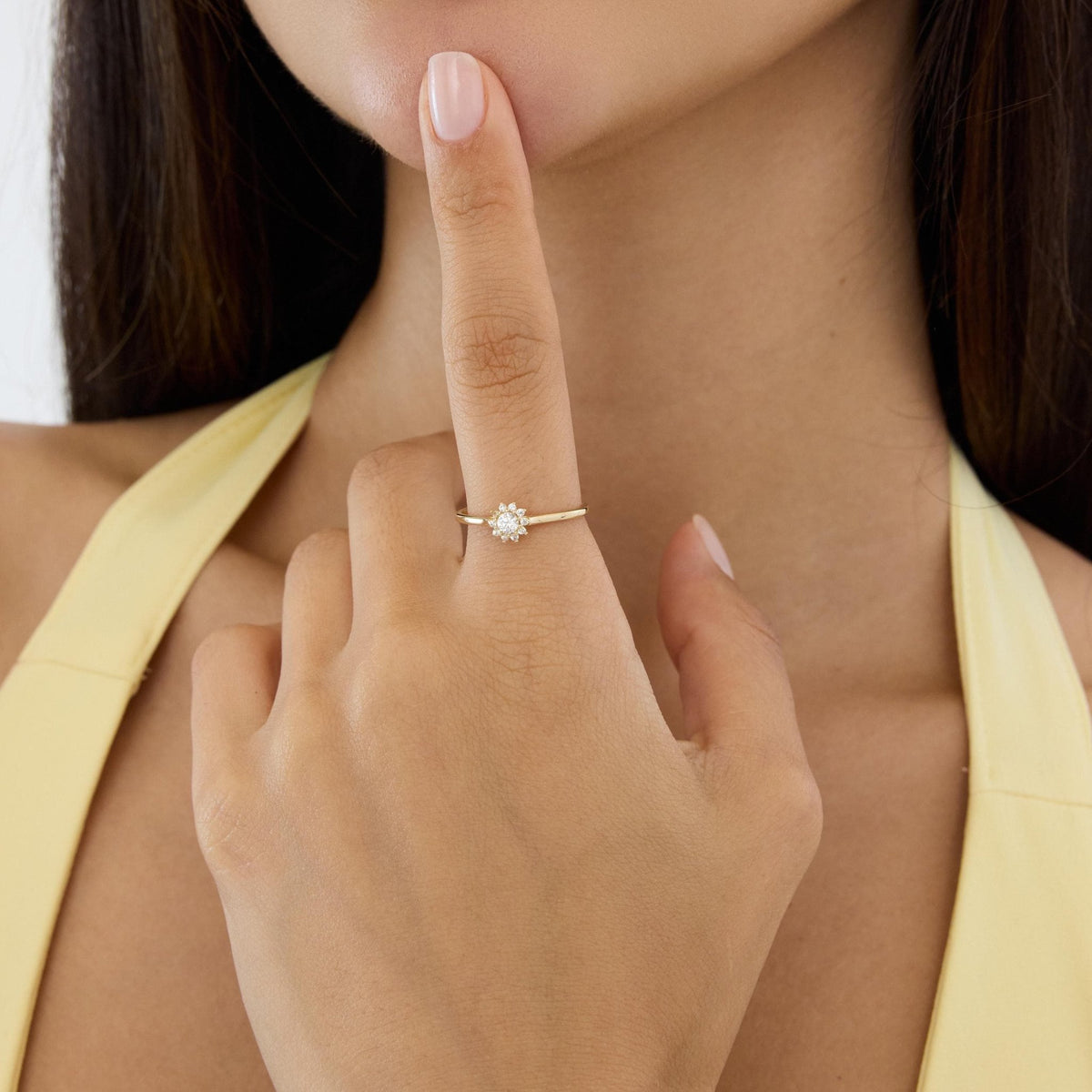 14K gold floral halo ring, styled view