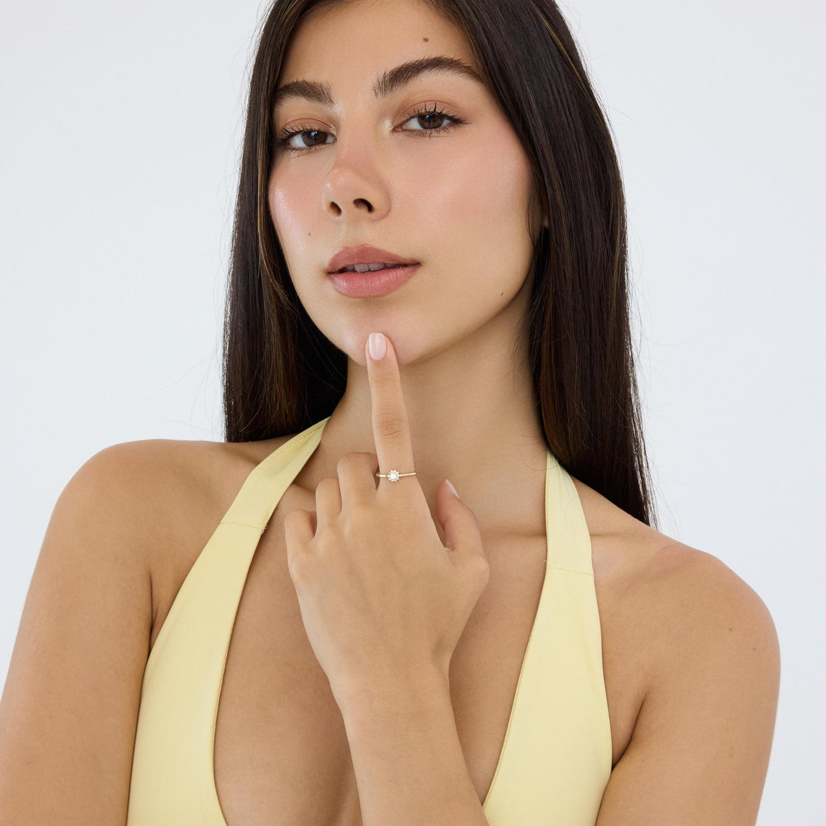 14K gold floral halo ring, styled view