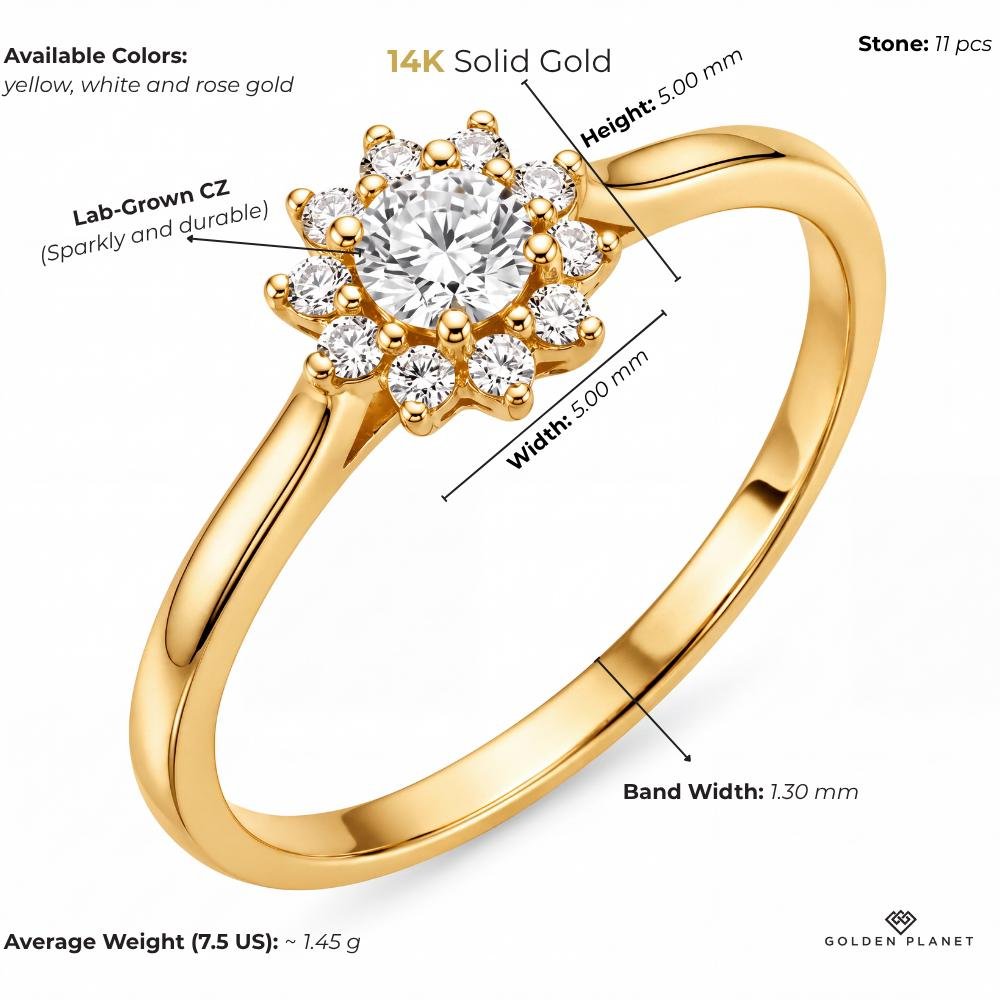 14K gold floral halo with cubic zirconia size and weight guide, size and weight guide