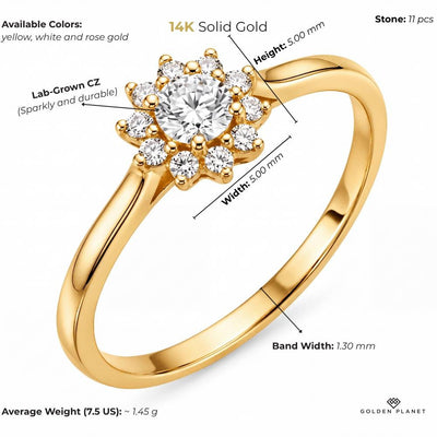 14K gold floral halo with cubic zirconia size and weight guide, size and weight guide