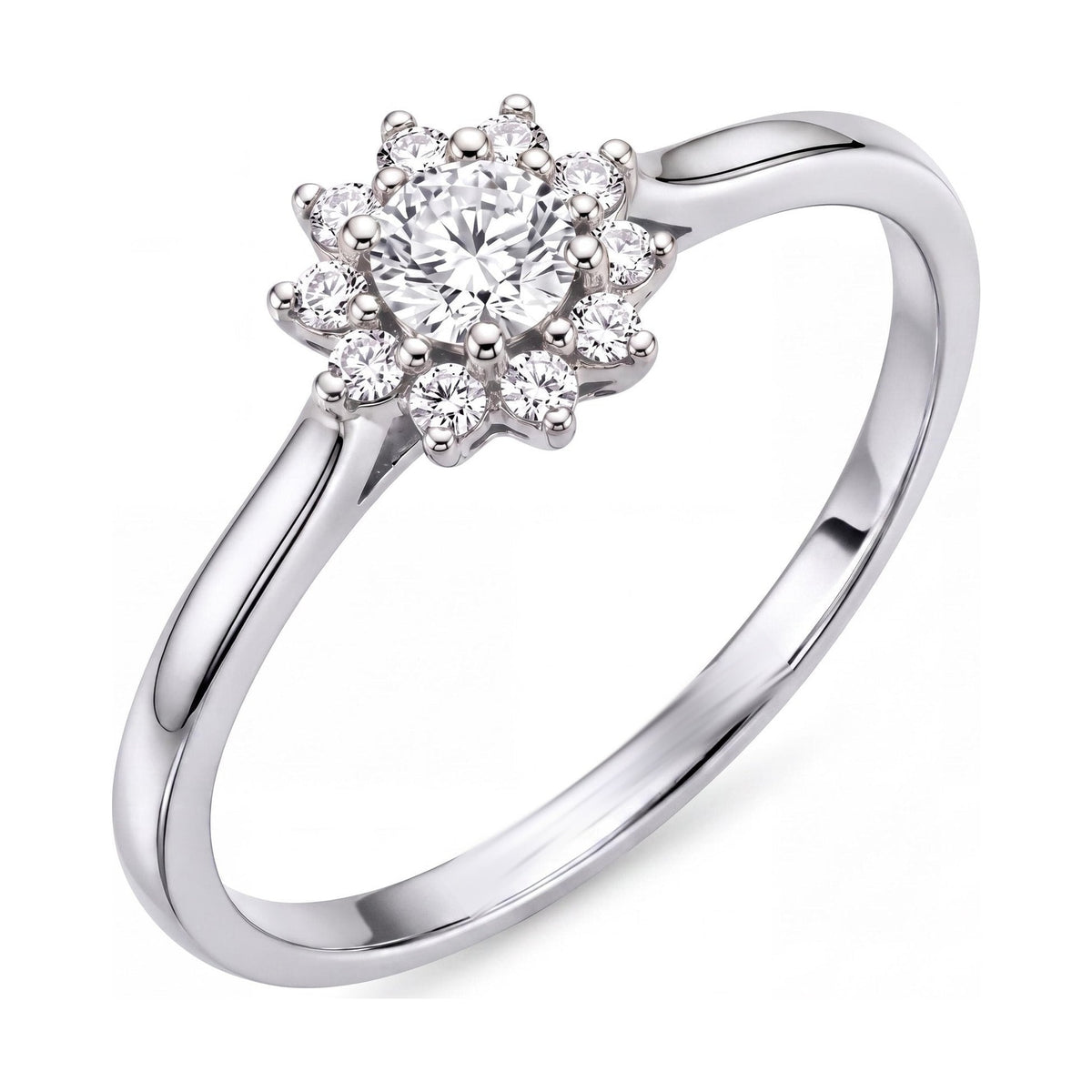 14K white gold floral halo ring, round cubic zirconia centre with a petal halo of smaller stones