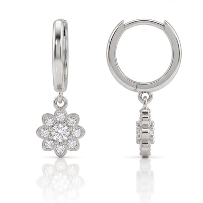 14K gold floral huggies earrings, product photo