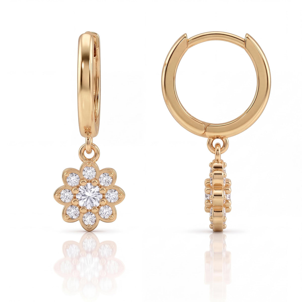 14K gold floral huggies earrings, product photo