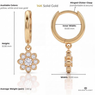 Size chart for the 14K gold floral huggies earrings showing size and weight