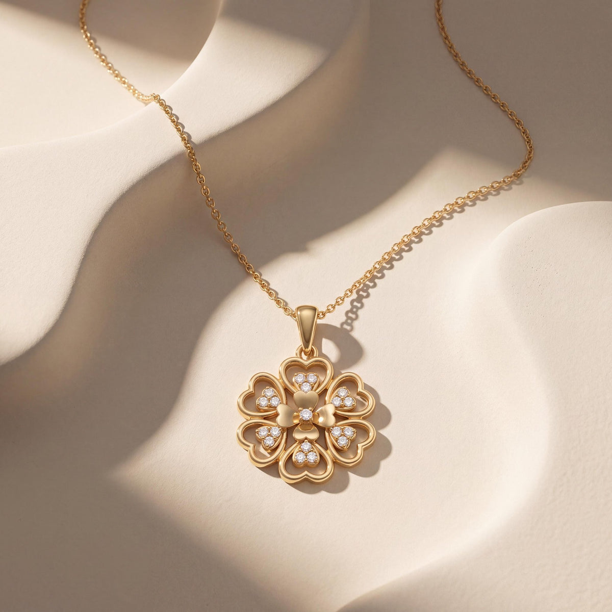 14K gold floral necklace, styled view