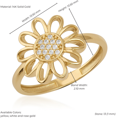 Gold ring with diamond center and measurements on a white background