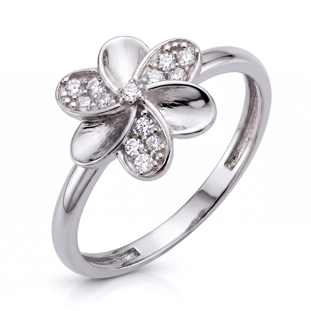 14K white gold flower ring with alternating polished and stone-set petals, angled view on white