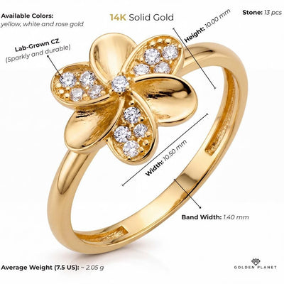 Product info graphic for 14K gold flower ring, showing stones, available colors, band width, top size, average weight
