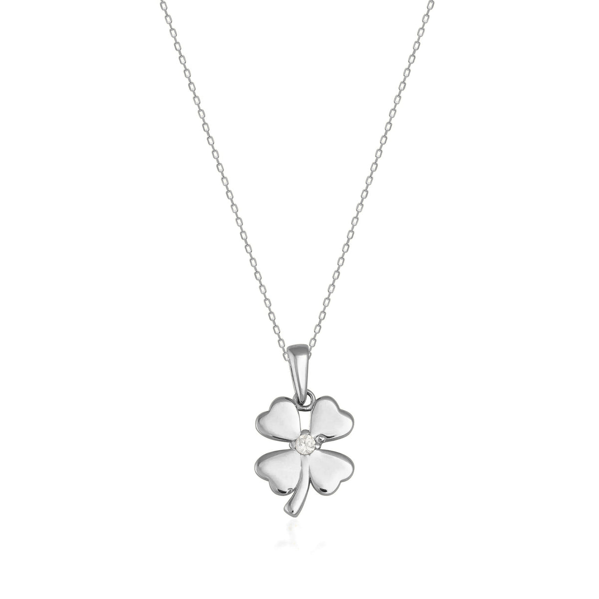14K gold four-leaf clover pendant necklace with a small cubic zirconia on a delicate chain