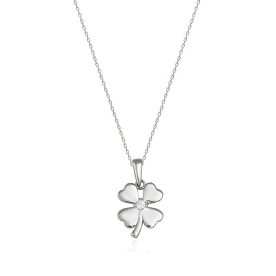14K gold four-leaf clover pendant necklace with a small cubic zirconia on a delicate chain