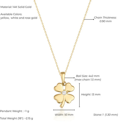 Gold four-leaf clover pendant with chain on a white background, showing material details and dimensions.