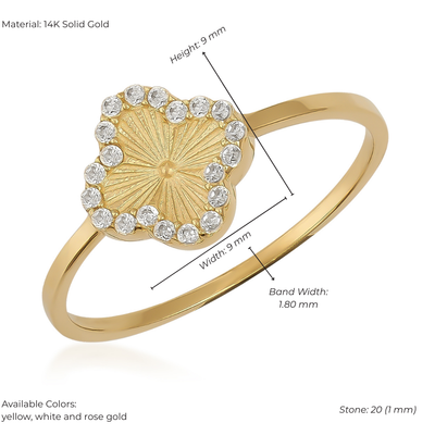 Gold ring with diamond accents and measurements on a white background