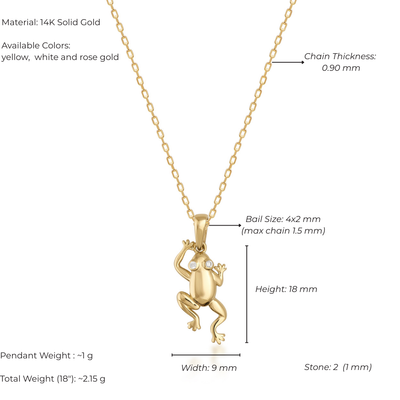 Gold frog pendant necklace with detailed specifications on a white background