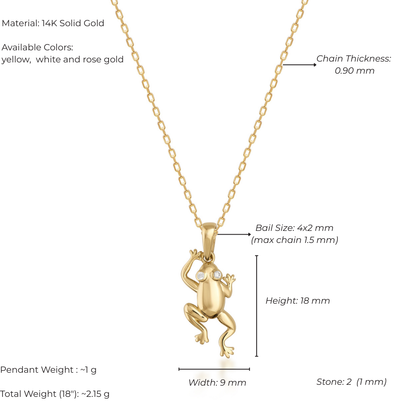 Gold frog pendant necklace with detailed specifications on a white background