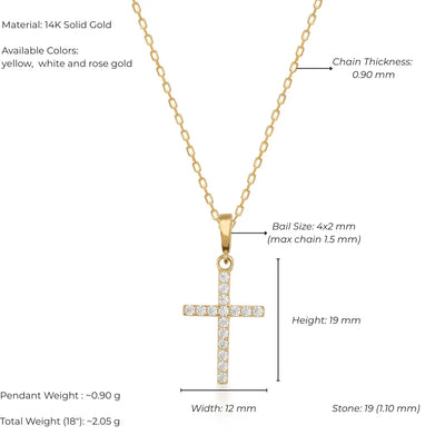 Gold cross pendant with chain, showing material, color options, dimensions, and weight.
