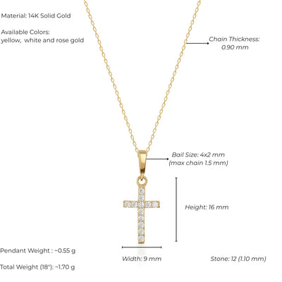 Gold cross pendant with chain details on a white background