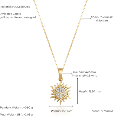 Gold necklace with sunflower pendant and measurement details on a white background