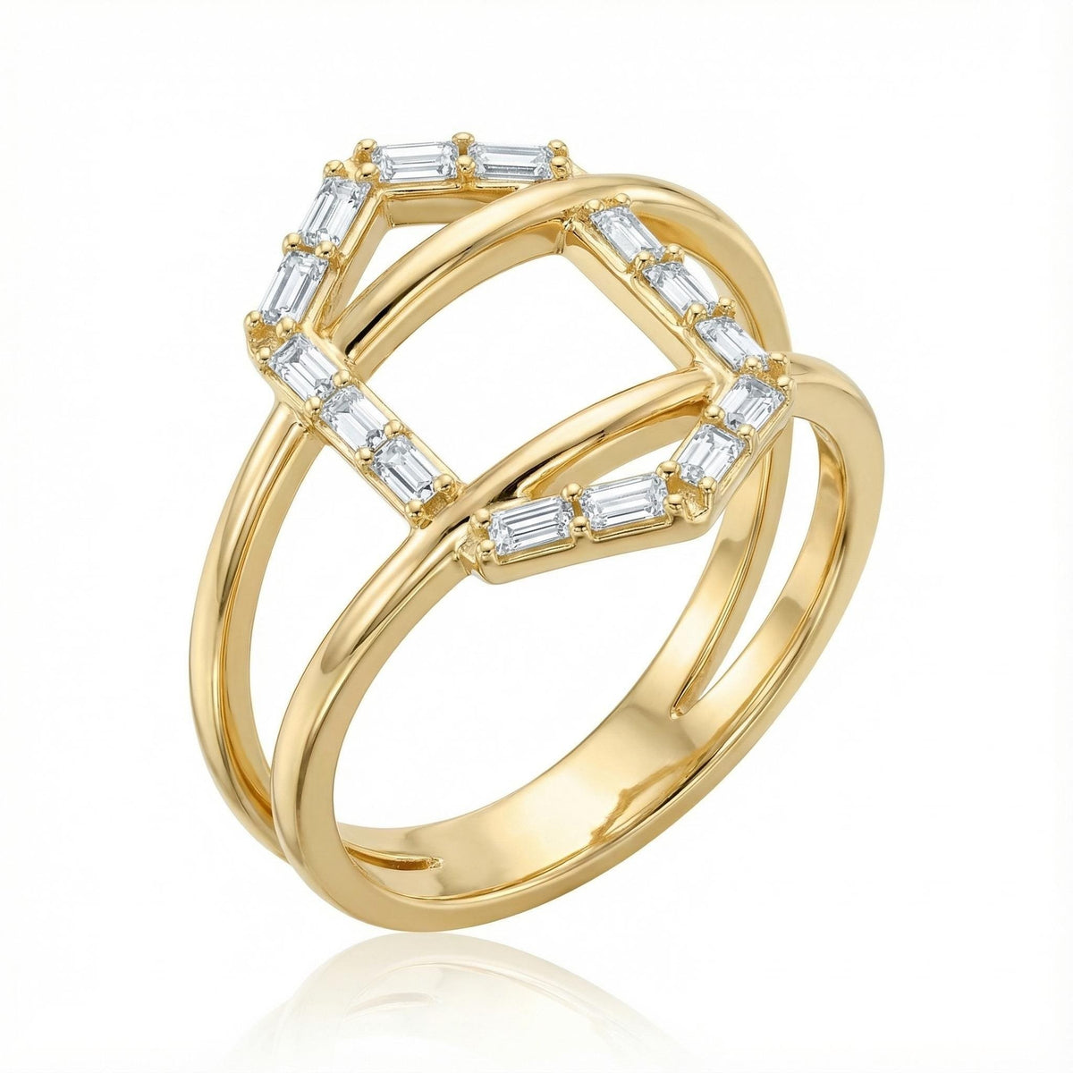 14K gold geometric baguette cz criss cross ring, product photo