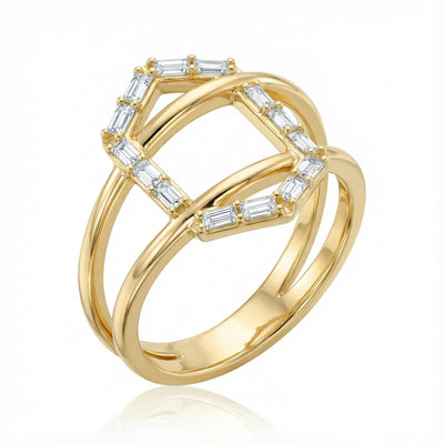 14K gold geometric baguette cz criss cross ring, product photo