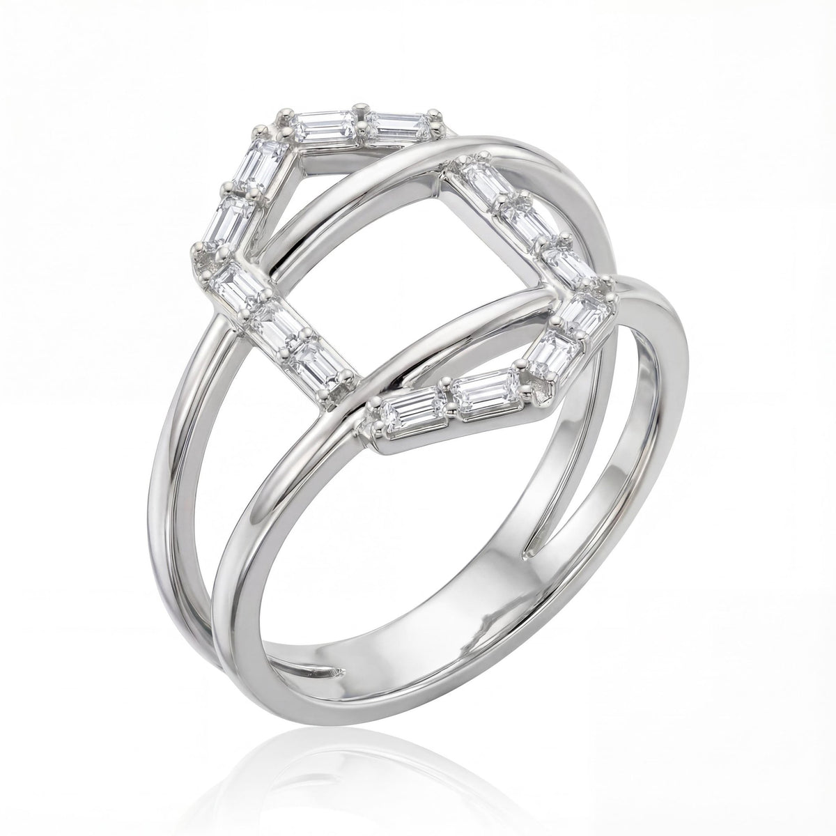 14K gold geometric baguette cz criss cross ring, product photo