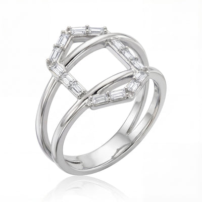 14K gold geometric baguette cz criss cross ring, product photo