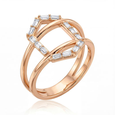 14K gold geometric baguette cz criss cross ring, product photo
