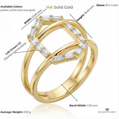 14K gold geometric baguette cz criss cross ring, size and weight guide