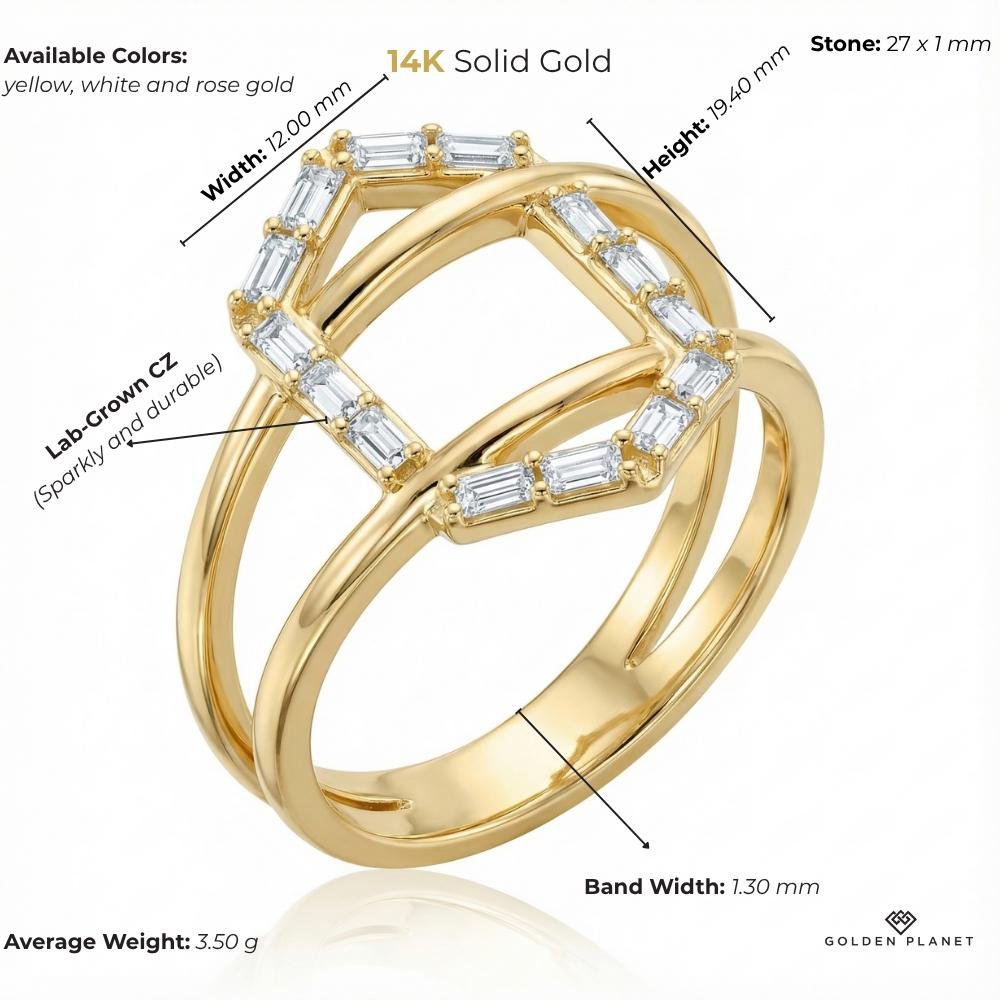 14K gold geometric baguette cz criss cross with baguette-cut cubic zirconia size and weight guide, size and weight guide