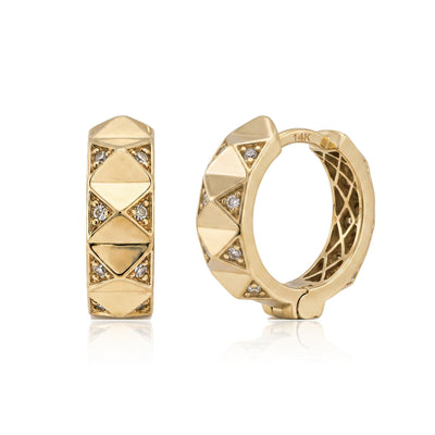 14K yellow gold geometric huggie earrings with round cubic zirconia, pair on white, hinged clasp visible
